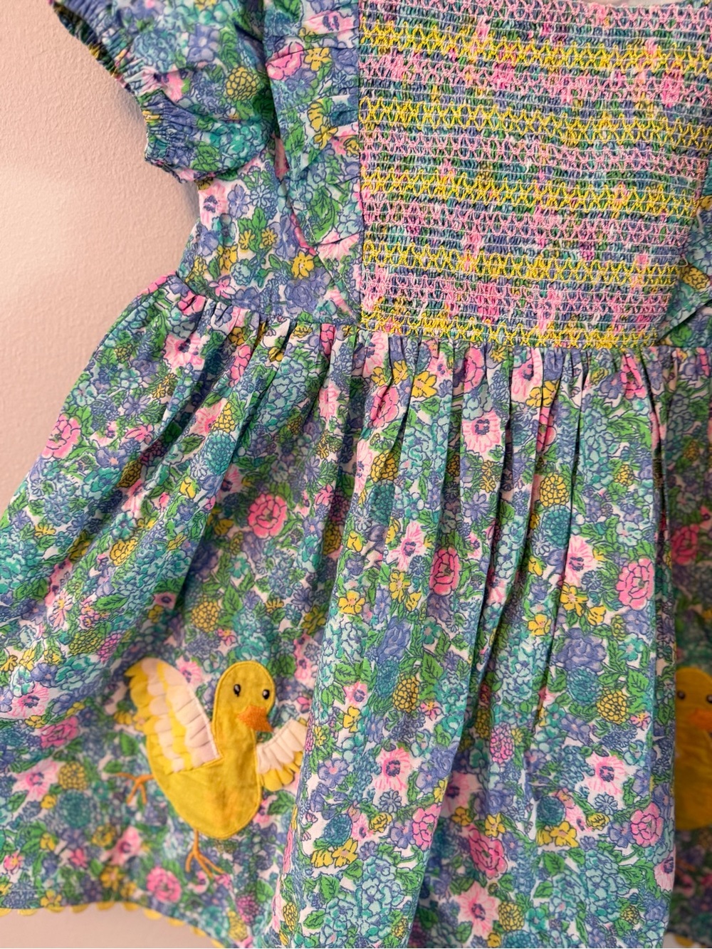 Monsoon Smocked Floral Baby Dress with Yellow Duck Appliqués - Picture 2 of 3